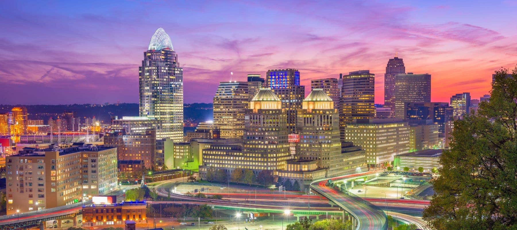 skyline view of cincinnati oh at night